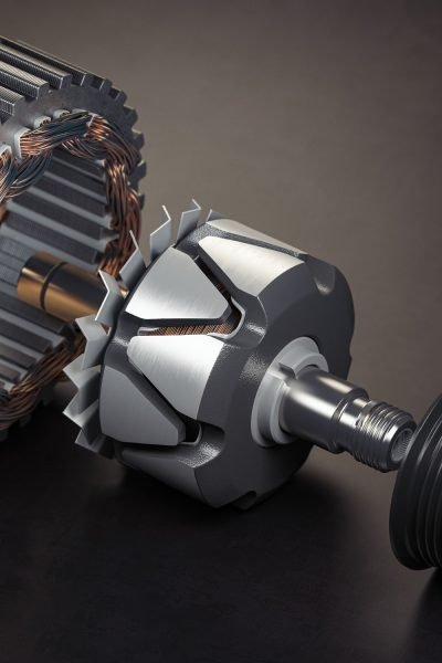 Rotor and stator of car alternator generator or electric motor on black background. 3d illustration